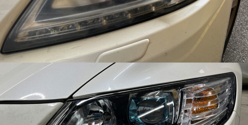 Vorher-Nachher-Vergleich eines Autoscheinwerfers vor und nach der professionellen Aufbereitung durch die Carrosserie Feller AG. Das obere Bild zeigt den trüben, vergilbten Scheinwerfer eines weißen Honda CR-Z. Das untere Bild zeigt denselben Scheinwerfer nach der Restaurierung, der nun kristallklar ist und wie neu aussieht, mit allen inneren Details und der LED-Leiste deutlich sichtbar.